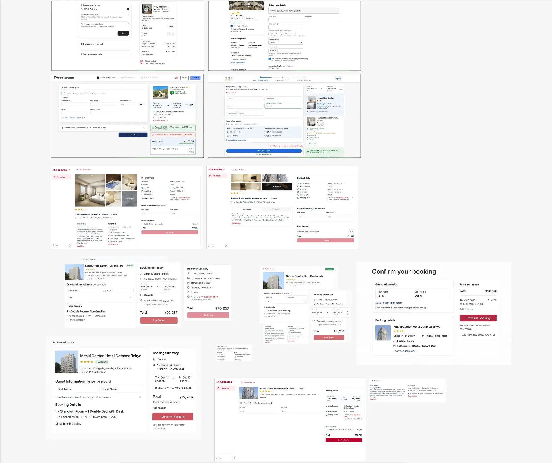 The accommodation board – four reference checkouts, two directions in B-Travels' chrome, and the layout that shipped