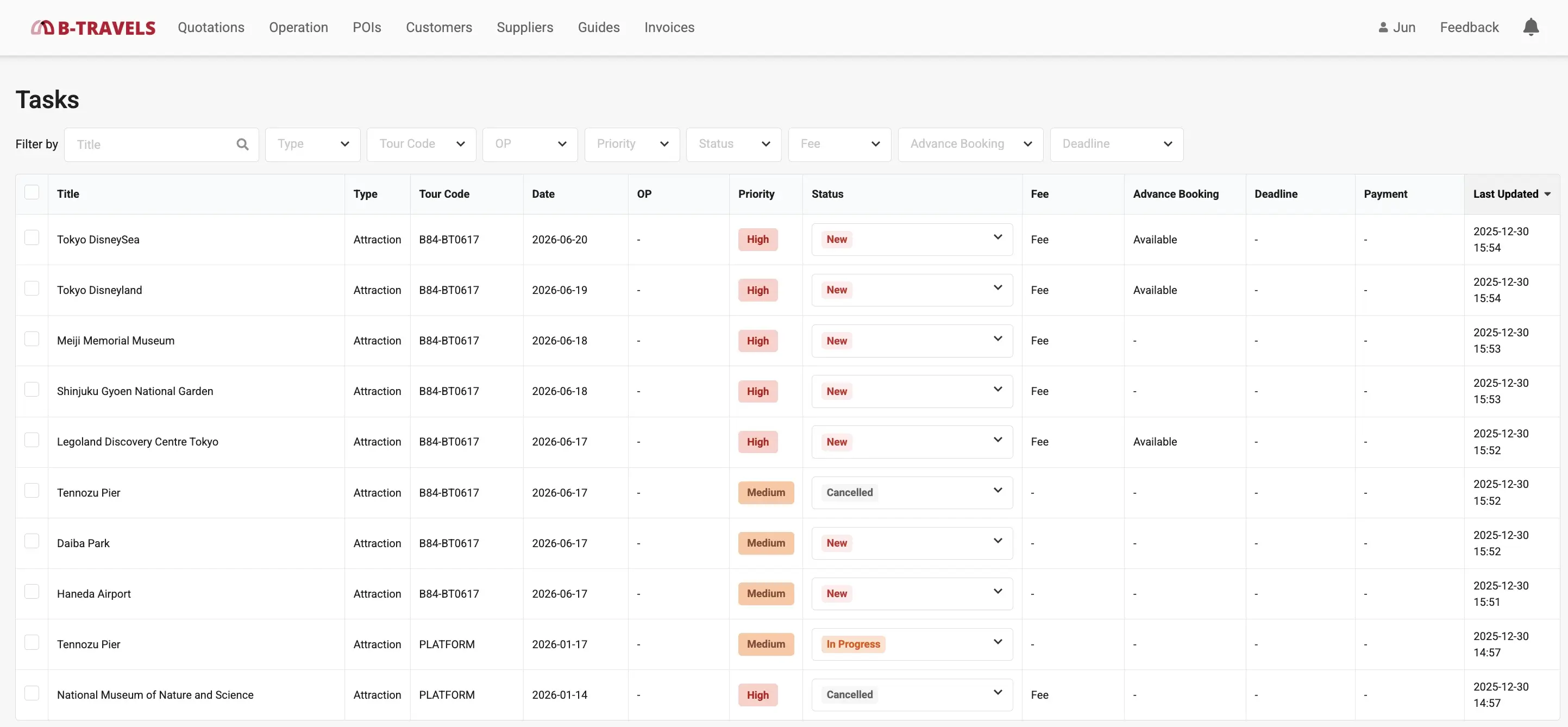 The task list – every itinerary item with its type, priority, status and payment state