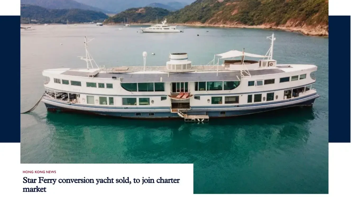 Asia Pacific Boating's Destinations lead – a converted Star Ferry at anchor, the photograph overlapping a navy band, headline beneath.