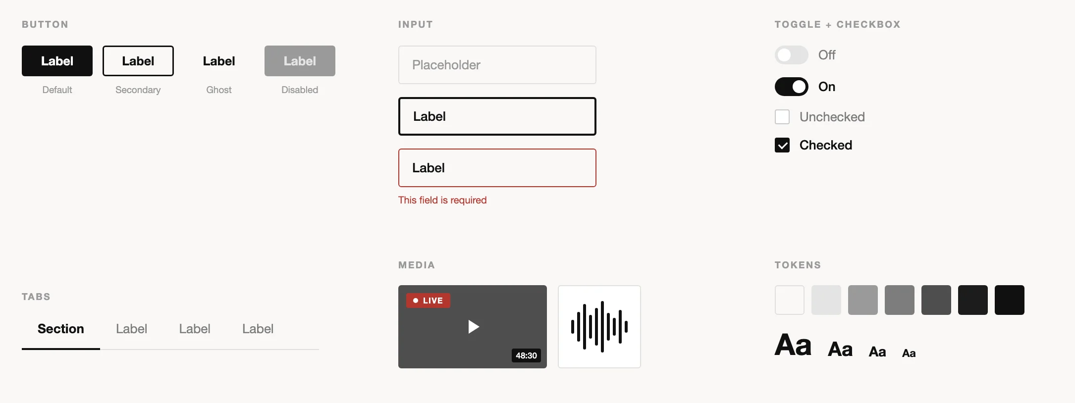 A redrawn sample, not the confidential system itself – buttons, inputs, toggles, tabs, and a live video and an audio tile.