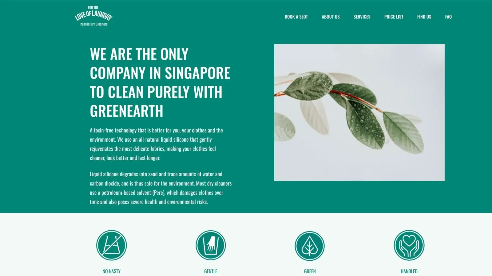 For the Love of Laundry's GreenEarth section – condensed white type on deep green, a leaf photograph beside it, four icons below.