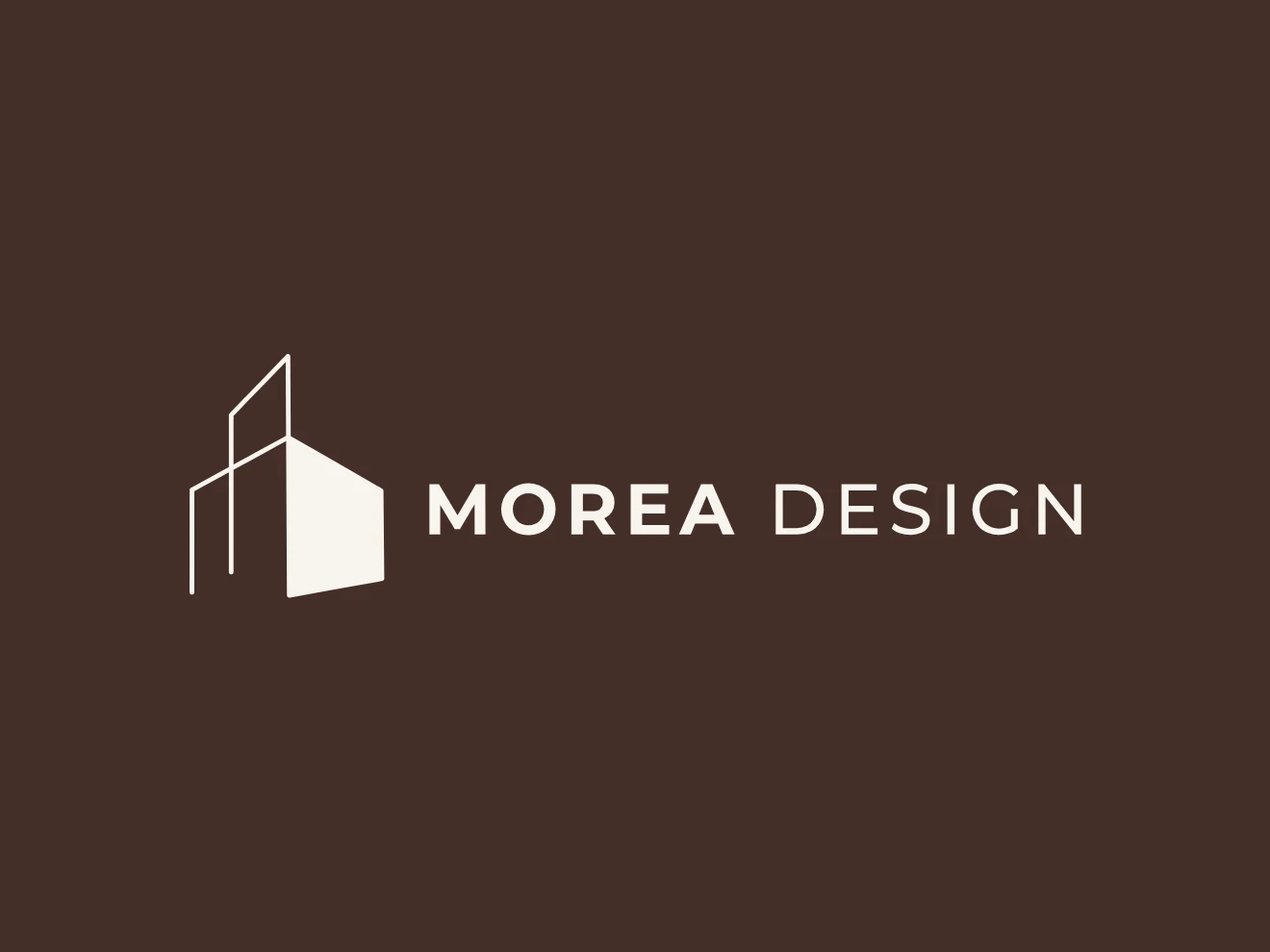 The Morea Design logo – a line-drawn building beside a solid block, then the wordmark – in warm white on dark cocoa.