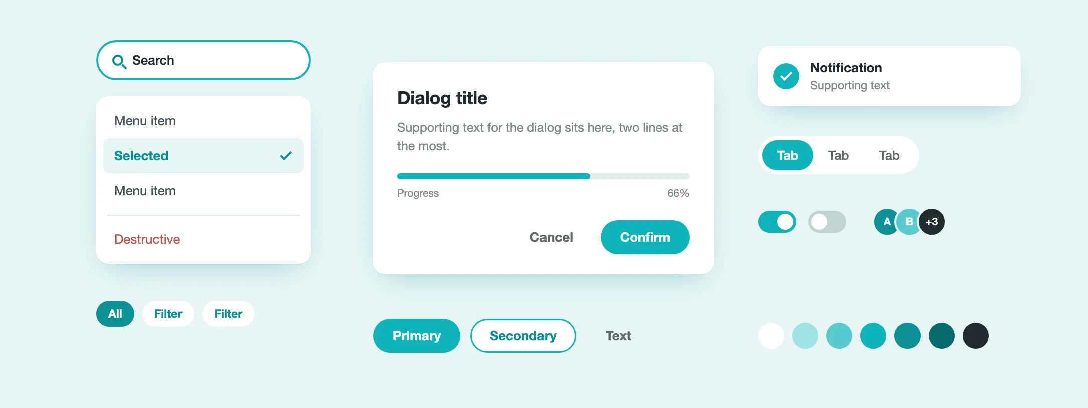 A redrawn sample, not the confidential system itself – a menu, a dialog, buttons and a notification in Piktochart's teal.