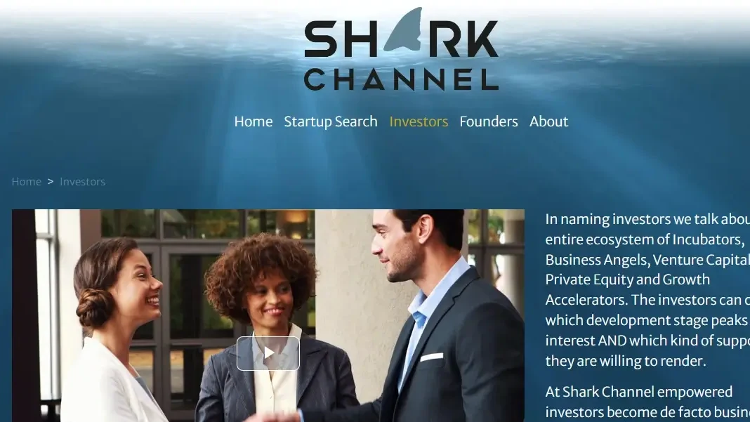 Shark Channel's Investors page – the wordmark and navigation over an underwater gradient, with an explainer video beside the copy.