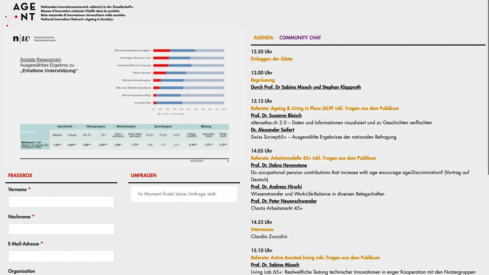 A live SIC broadcast: the speaker's slide on the left, the event agenda and community chat tabs on the right, an audience question form beneath.