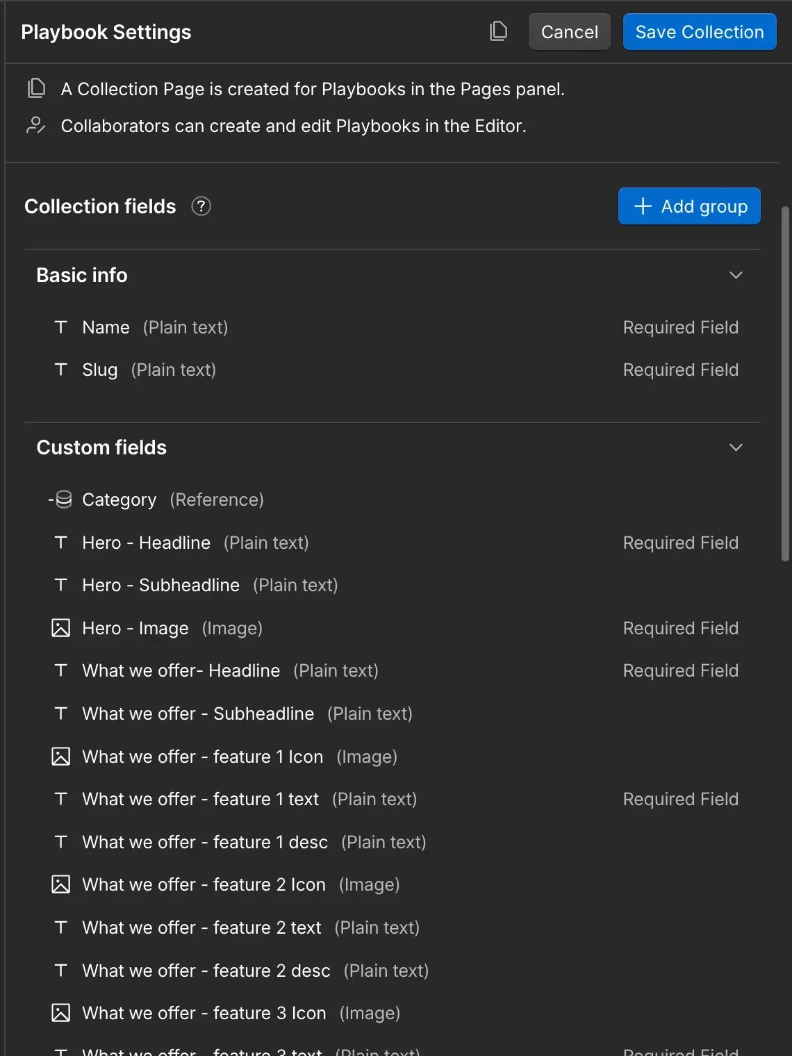Webflow – the Playbooks collection; collaborators create and edit playbooks in the Editor