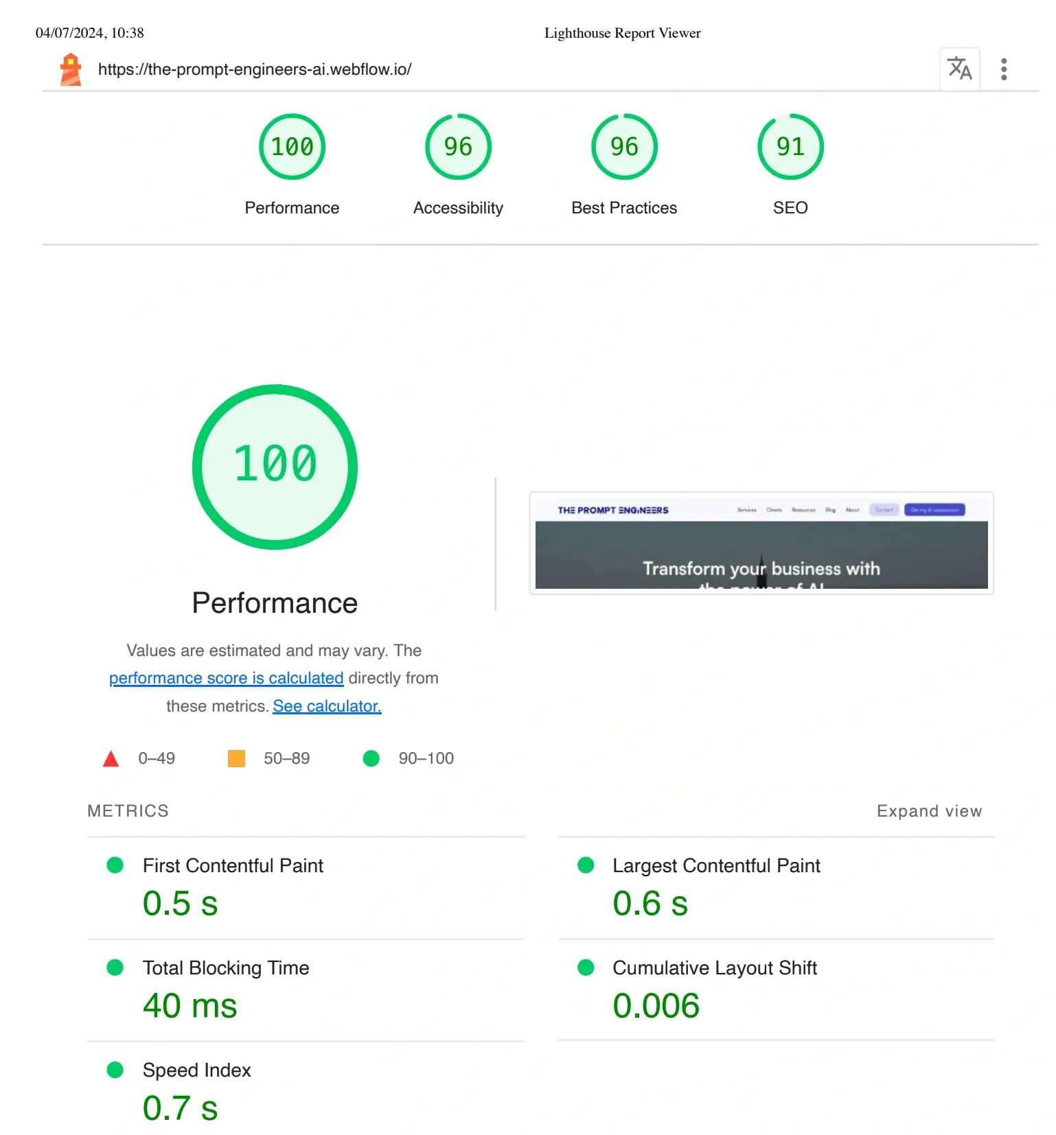Lighthouse report on the 2024 build – Performance 100
