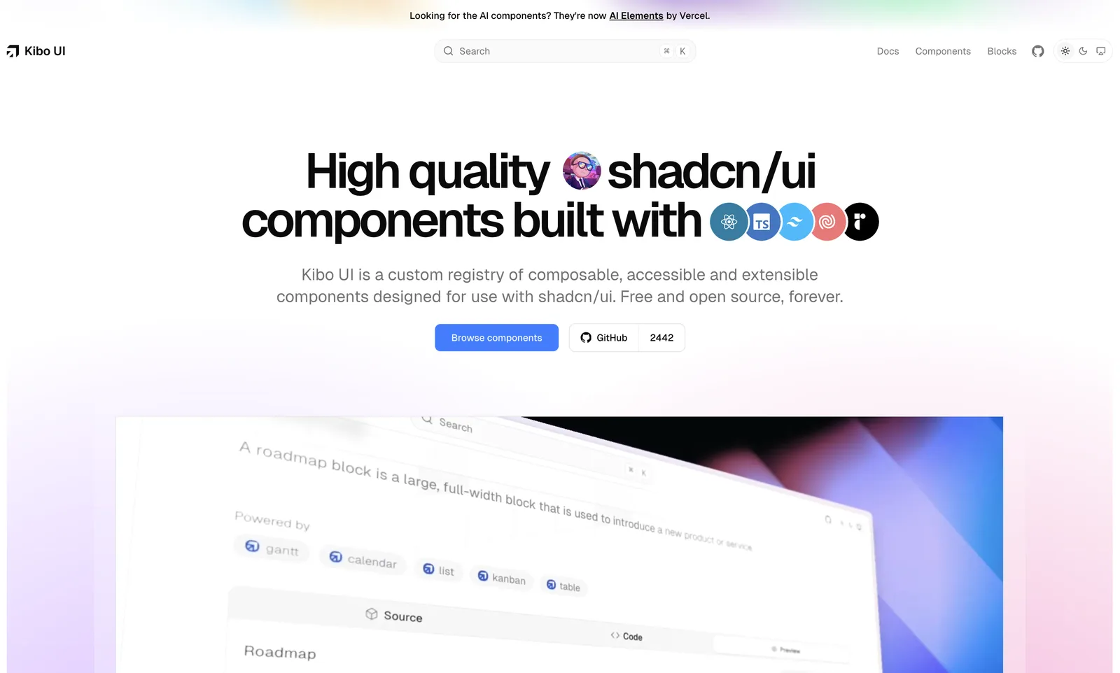 Kibo UI component library homepage
