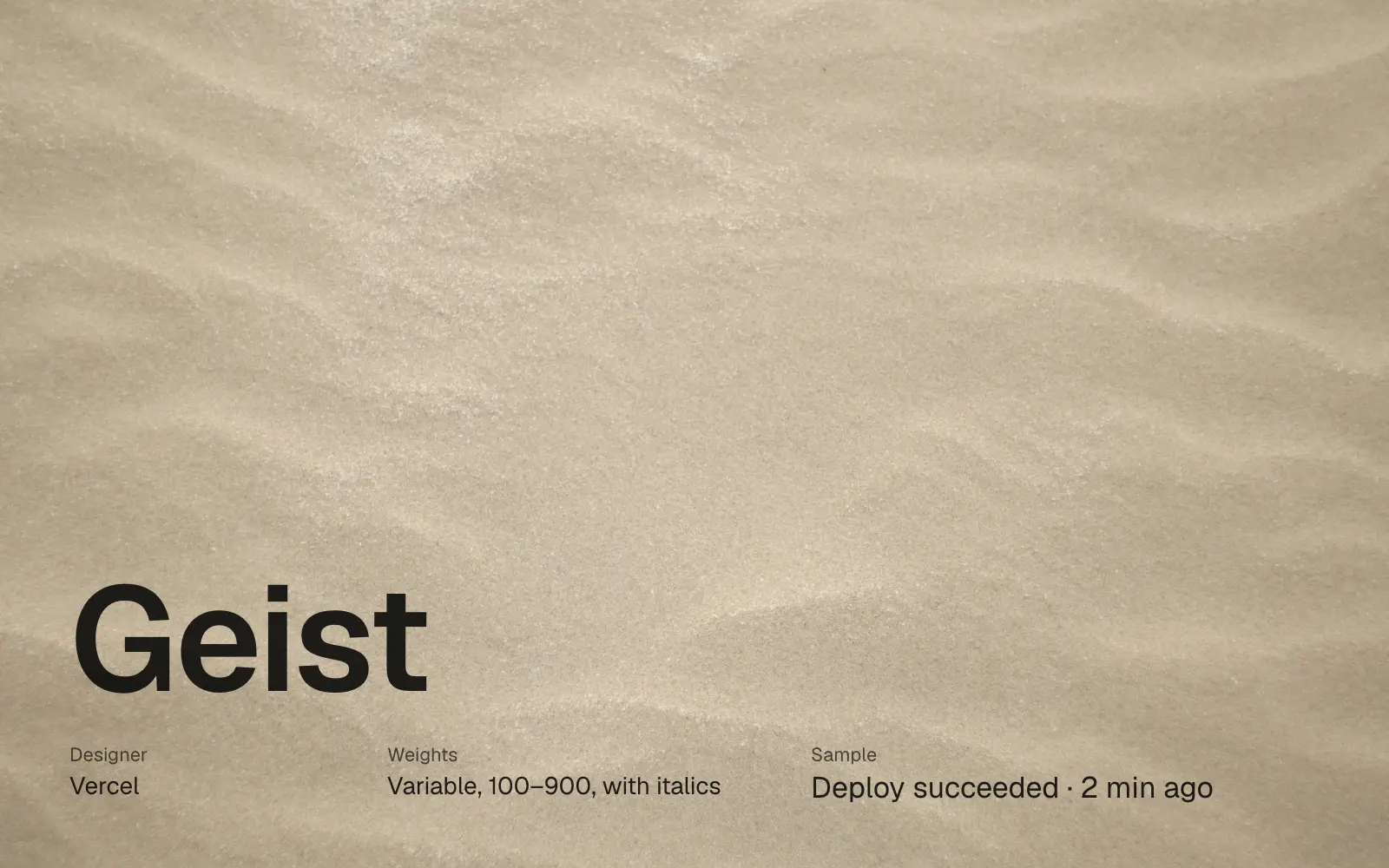 Geist specimen in black on a sand texture: designer Vercel, a variable font from 100 to 900