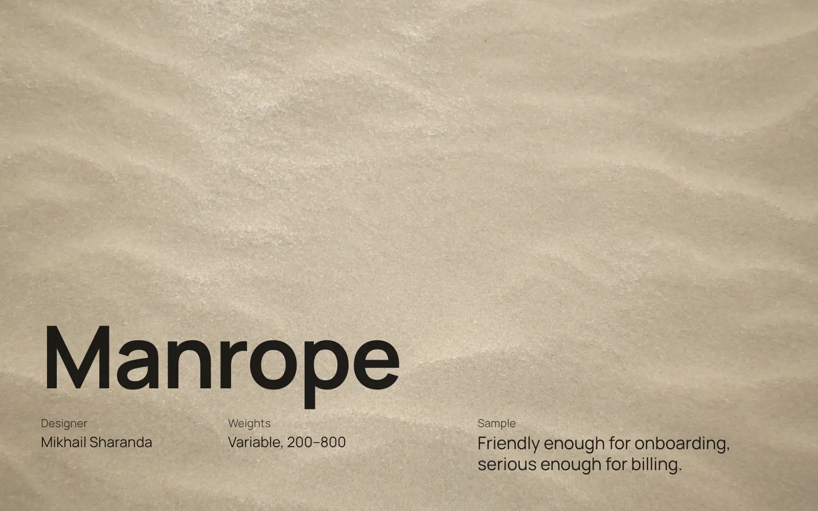 Manrope specimen in black on a sand texture: designer Mikhail Sharanda, variable from 200 to 800