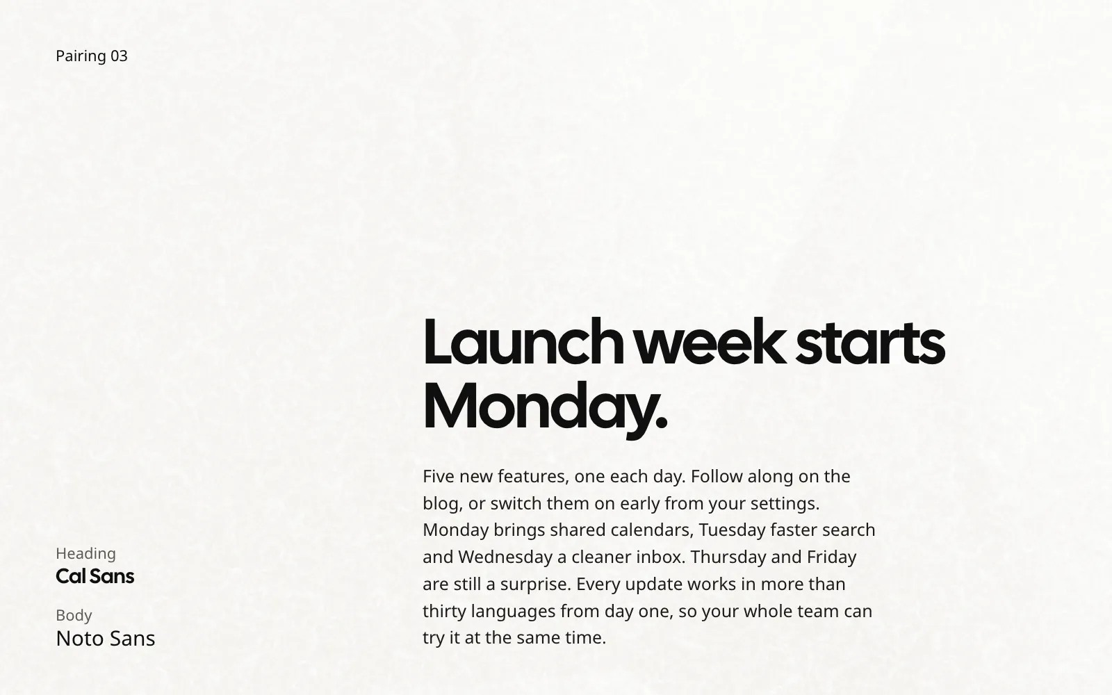 Pairing 03: a Cal Sans headline over a Noto Sans paragraph, on a paper texture