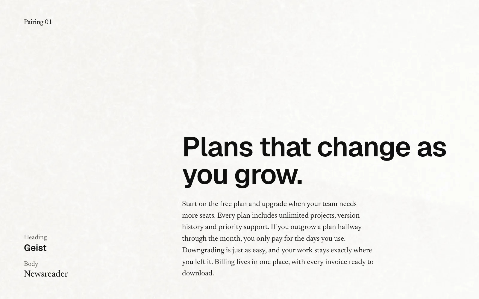 Pairing 01: a Geist headline over a Newsreader paragraph, on a paper texture