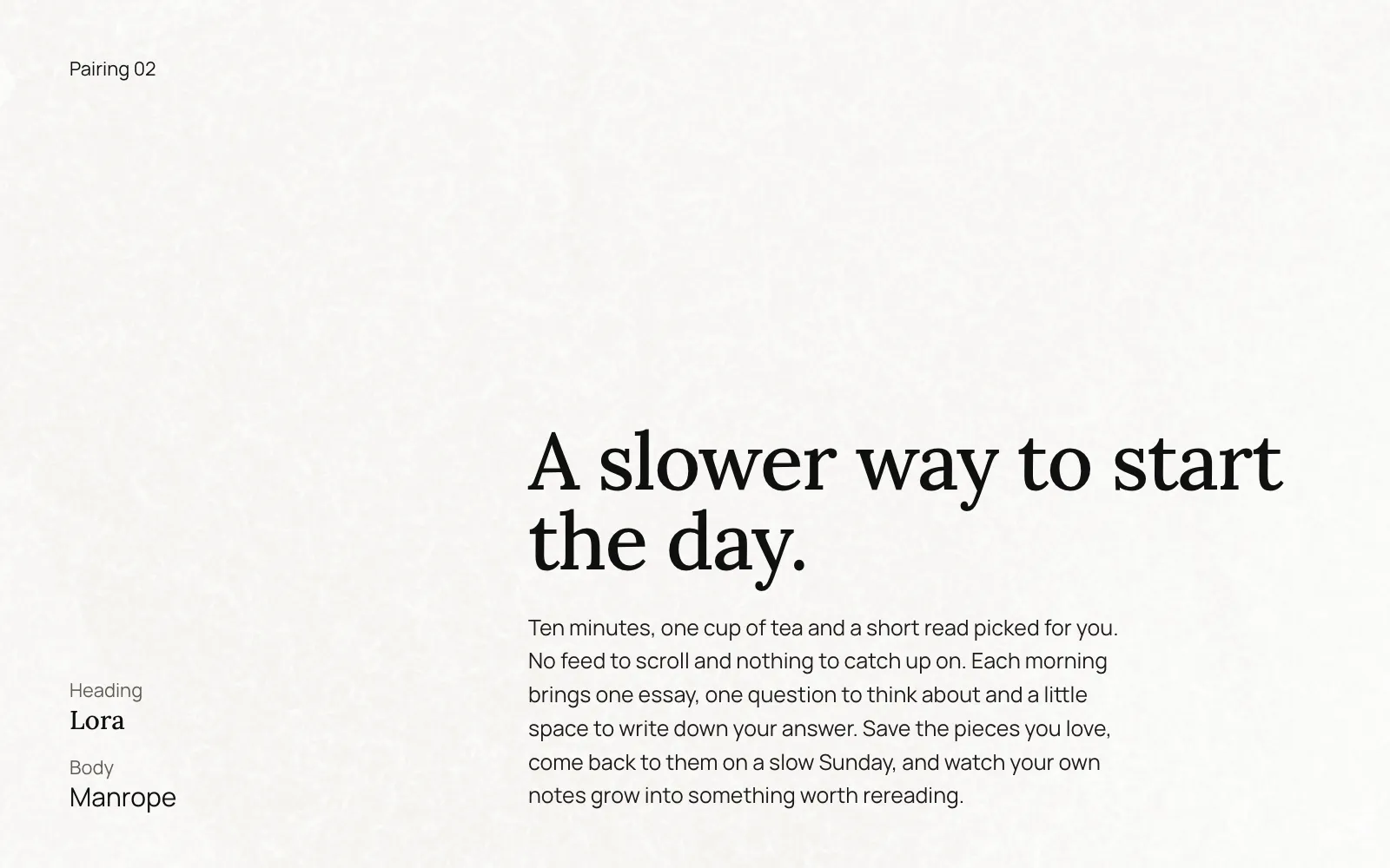 Pairing 02: a Lora headline over a Manrope paragraph, on a paper texture